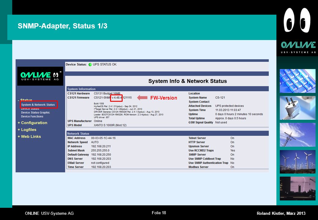 SNMP-Adapter, Status 1/3 FW-Version