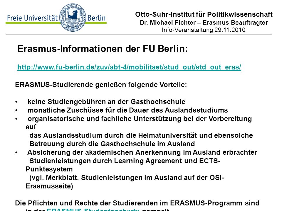 Erasmus-Informationen der FU Berlin: