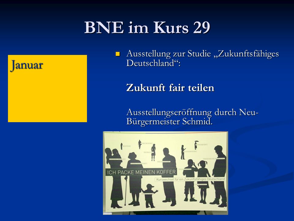 BNE im Kurs 29 Ausstellung zur Studie „Zukunftsfähiges Deutschland : Zukunft fair teilen. Ausstellungseröffnung durch Neu-Bürgermeister Schmid.