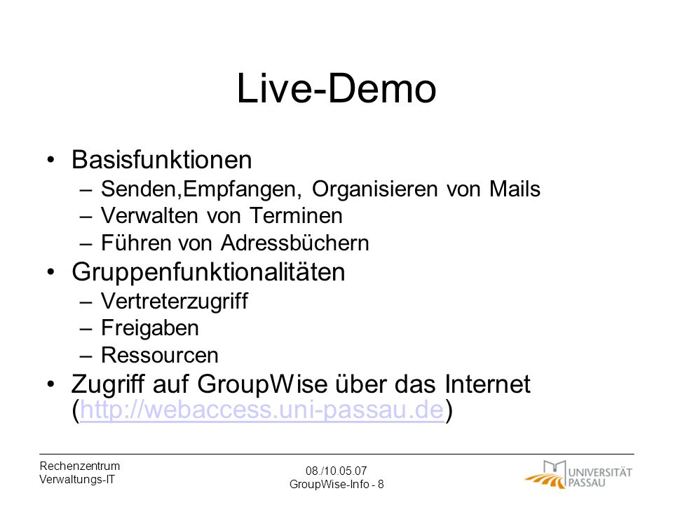 Live-Demo Basisfunktionen Gruppenfunktionalitäten