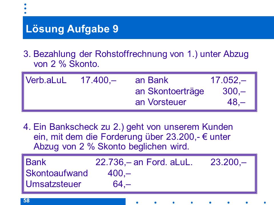 Lösung Aufgabe 9 3. Bezahlung der Rohstoffrechnung von 1.) unter Abzug von 2 % Skonto.