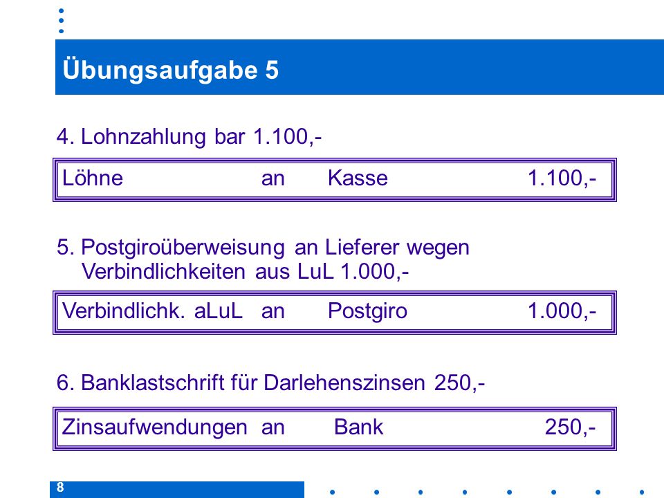 Übungsaufgabe 5 4. Lohnzahlung bar 1.100,- Löhne an Kasse 1.100,-
