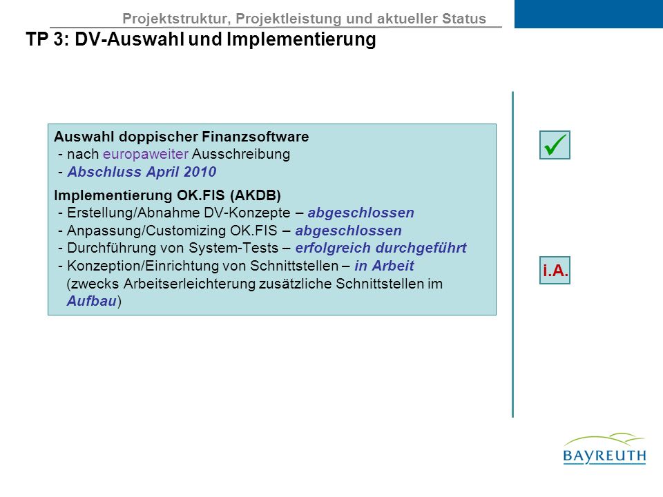 Projektstruktur, Projektleistung und aktueller Status TP 3: DV-Auswahl und Implementierung