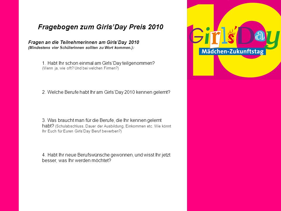 Fragebogen zum Girls’Day Preis 2010