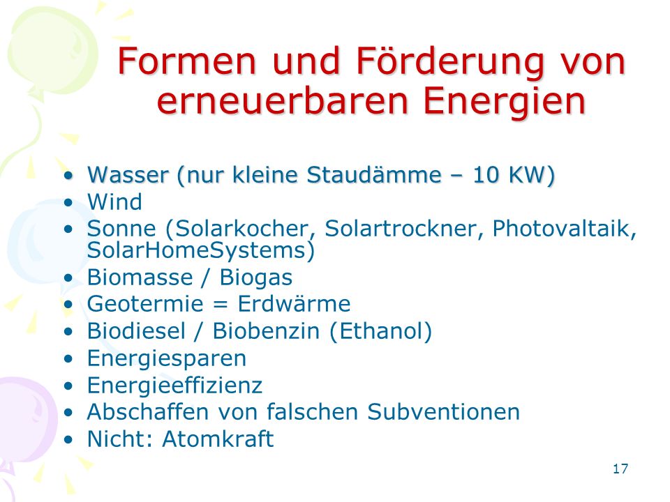 Formen und Förderung von erneuerbaren Energien