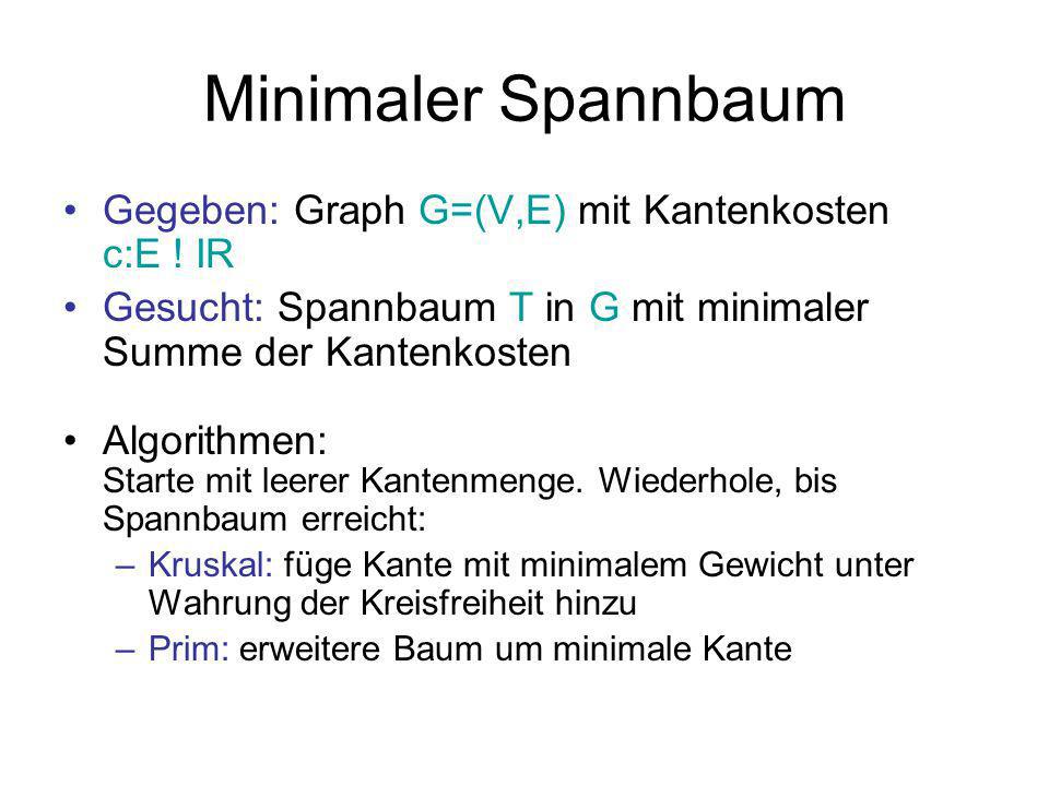 Minimaler Spannbaum Gegeben: Graph G=(V,E) mit Kantenkosten c:E ! IR