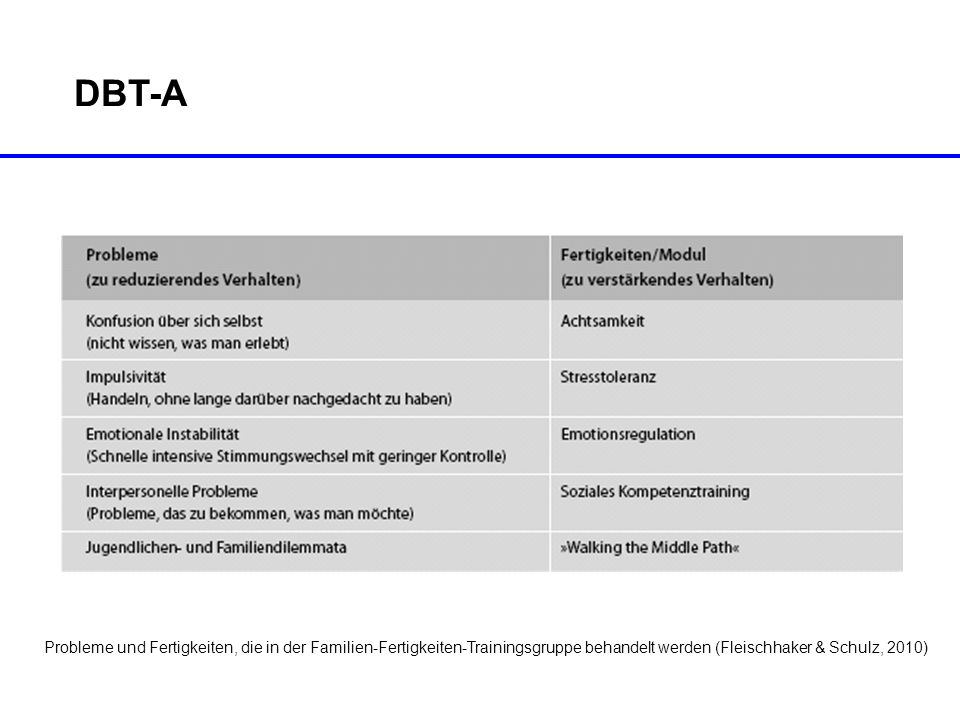 DBT-A Probleme und Fertigkeiten, die in der Familien-Fertigkeiten-Trainingsgruppe behandelt werden (Fleischhaker & Schulz, 2010)
