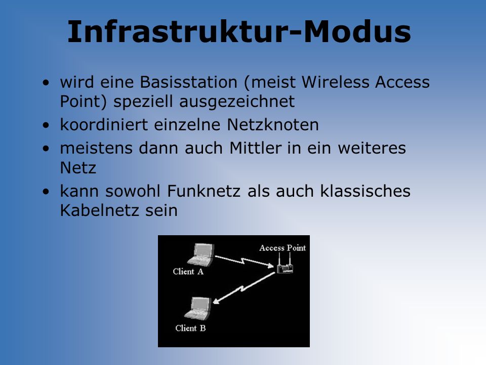 Infrastruktur-Modus wird eine Basisstation (meist Wireless Access Point) speziell ausgezeichnet. koordiniert einzelne Netzknoten.