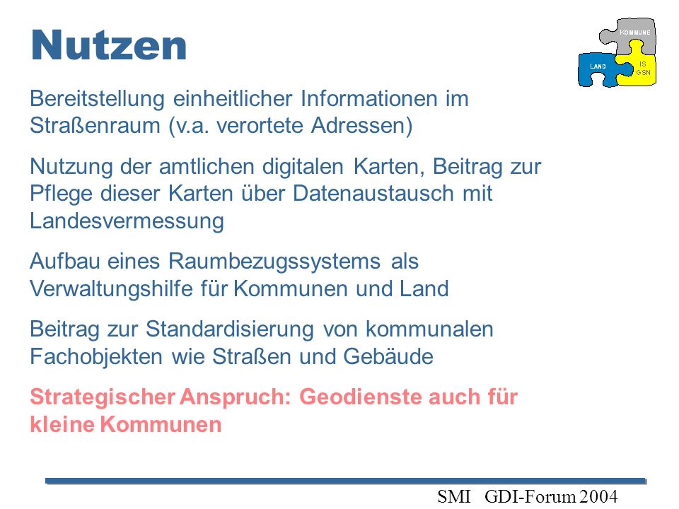 Nutzen Bereitstellung einheitlicher Informationen im Straßenraum (v.a. verortete Adressen)