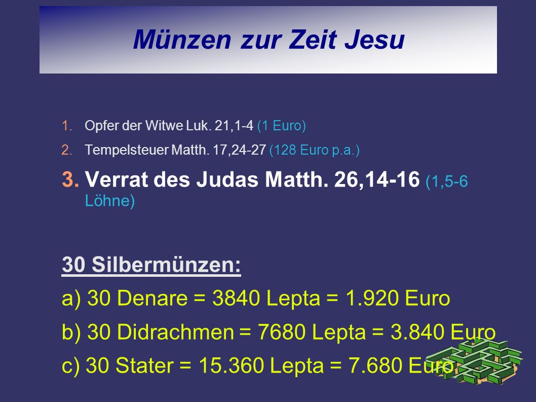 Münzen zur Zeit Jesu Verrat des Judas Matth. 26,14-16 (1,5-6 Löhne)