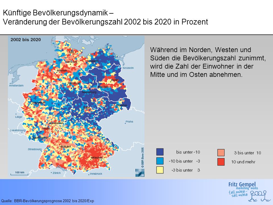 Künftige Bevölkerungsdynamik – Veränderung der Bevölkerungszahl 2002 bis 2020 in Prozent