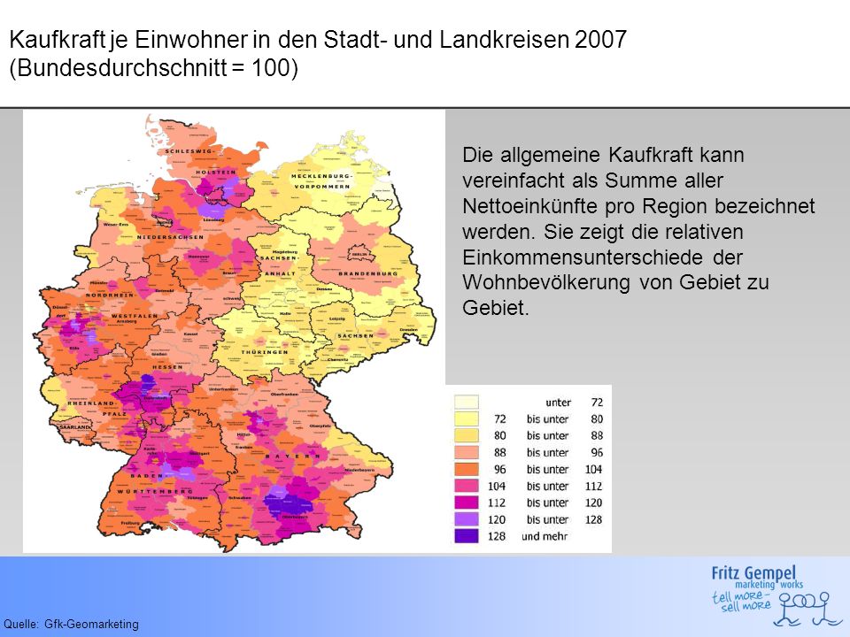 Kaufkraft je Einwohner in den Stadt- und Landkreisen 2007 (Bundesdurchschnitt = 100)