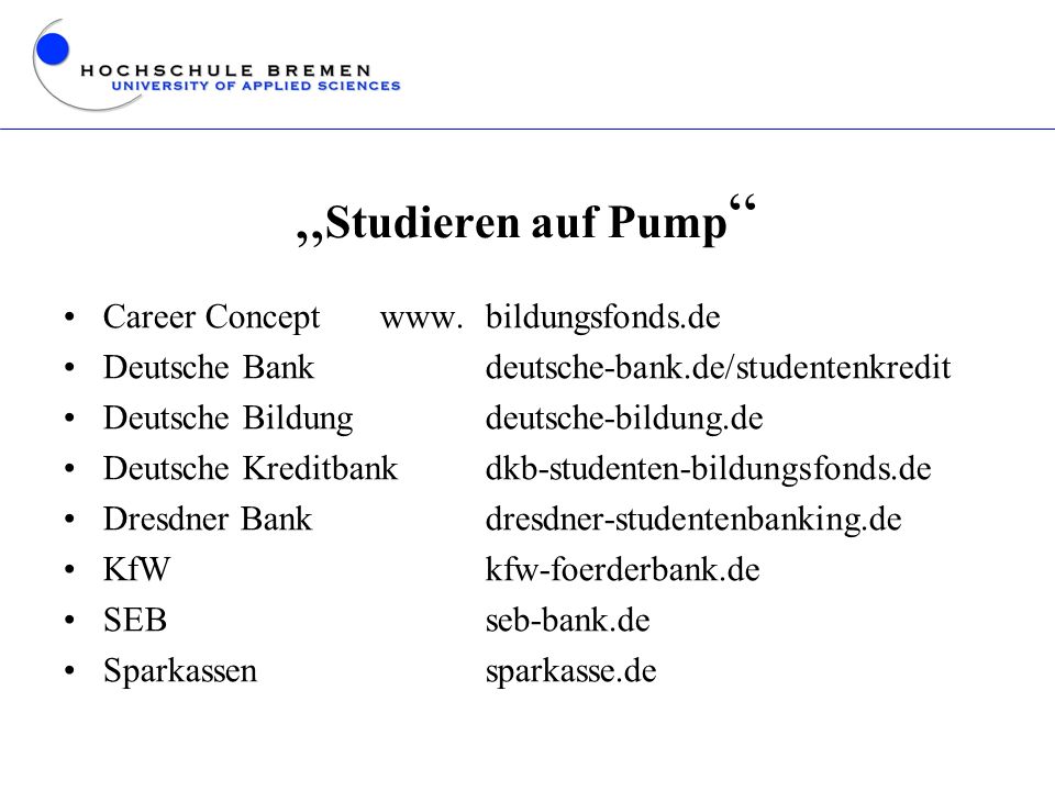 „Studieren auf Pump Career Concept www. bildungsfonds.de