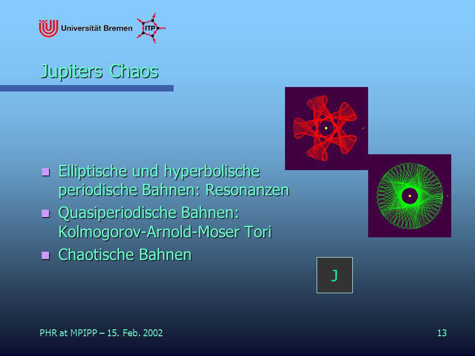 Jupiters Chaos Elliptische und hyperbolische periodische Bahnen: Resonanzen. Quasiperiodische Bahnen: Kolmogorov-Arnold-Moser Tori.