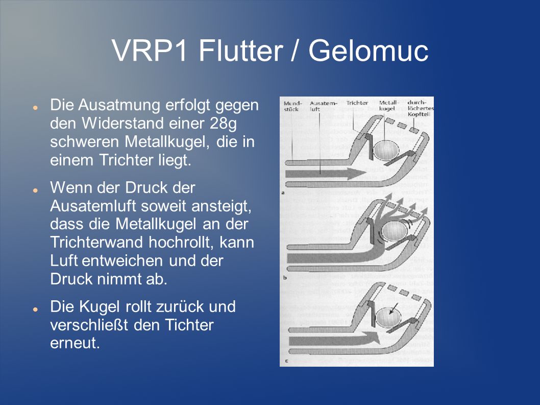 VRP1 Flutter / Gelomuc Die Ausatmung erfolgt gegen den Widerstand einer 28g schweren Metallkugel, die in einem Trichter liegt.