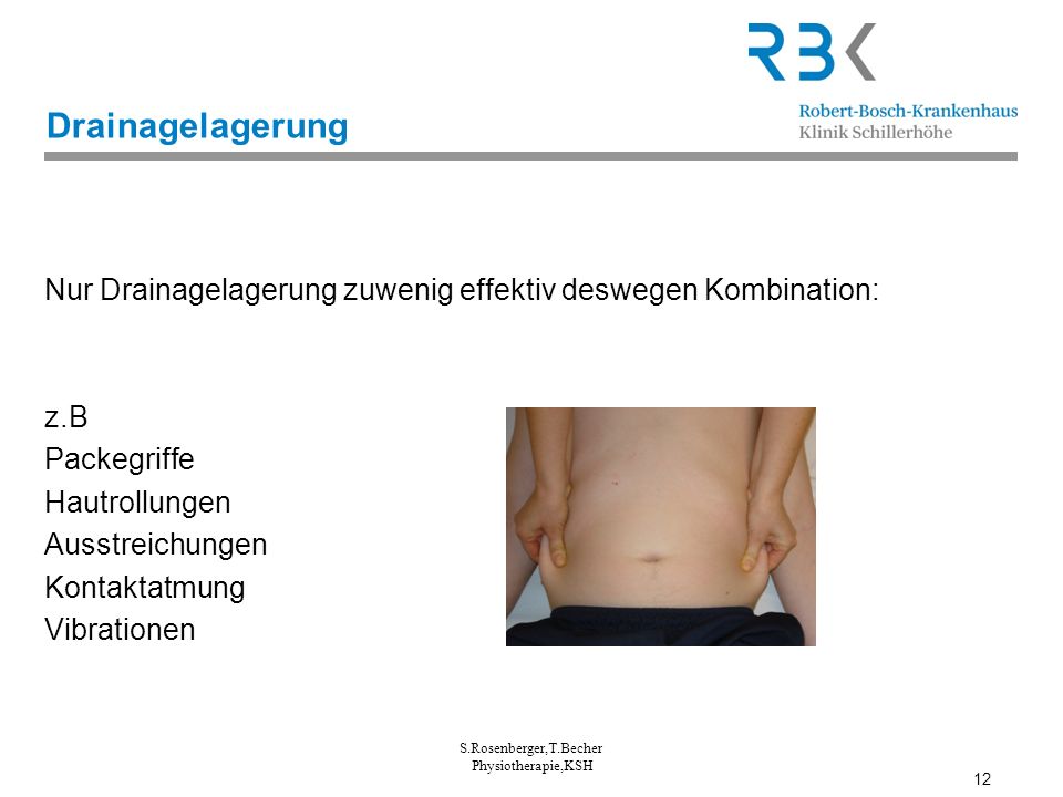 Drainagelagerung Nur Drainagelagerung zuwenig effektiv deswegen Kombination: z.B. Packegriffe. Hautrollungen.