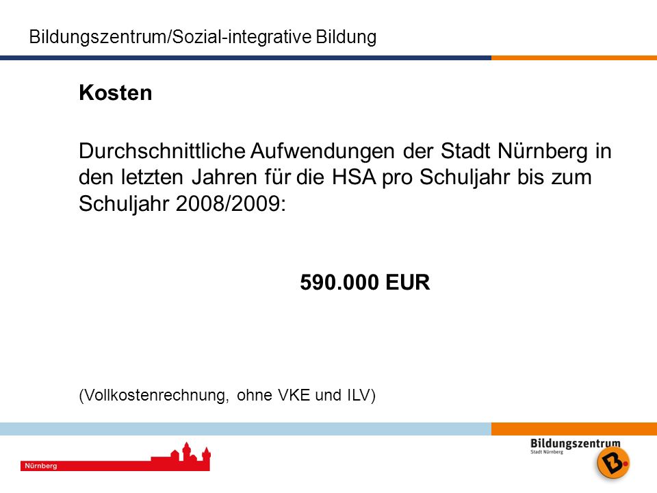 Kosten Durchschnittliche Aufwendungen der Stadt Nürnberg in den letzten Jahren für die HSA pro Schuljahr bis zum Schuljahr 2008/2009: