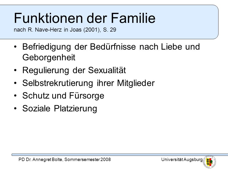 Funktionen der Familie nach R. Nave-Herz in Joas (2001), S. 29