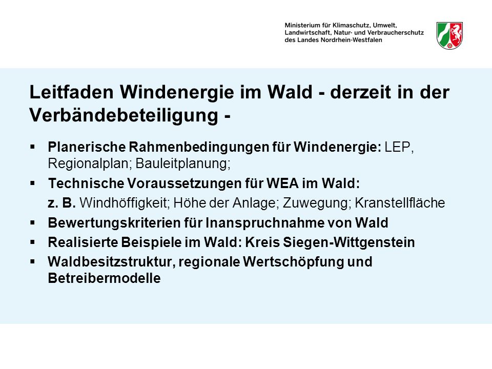 Leitfaden Windenergie im Wald - derzeit in der Verbändebeteiligung -
