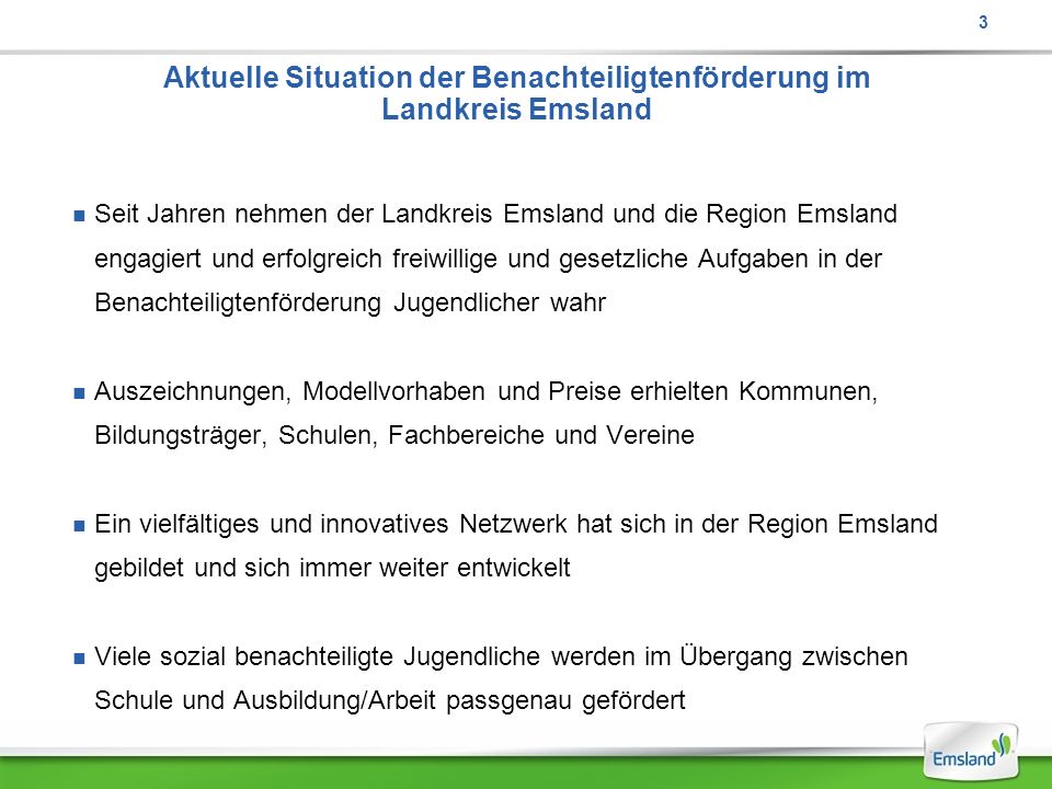 Aktuelle Situation der Benachteiligtenförderung im Landkreis Emsland