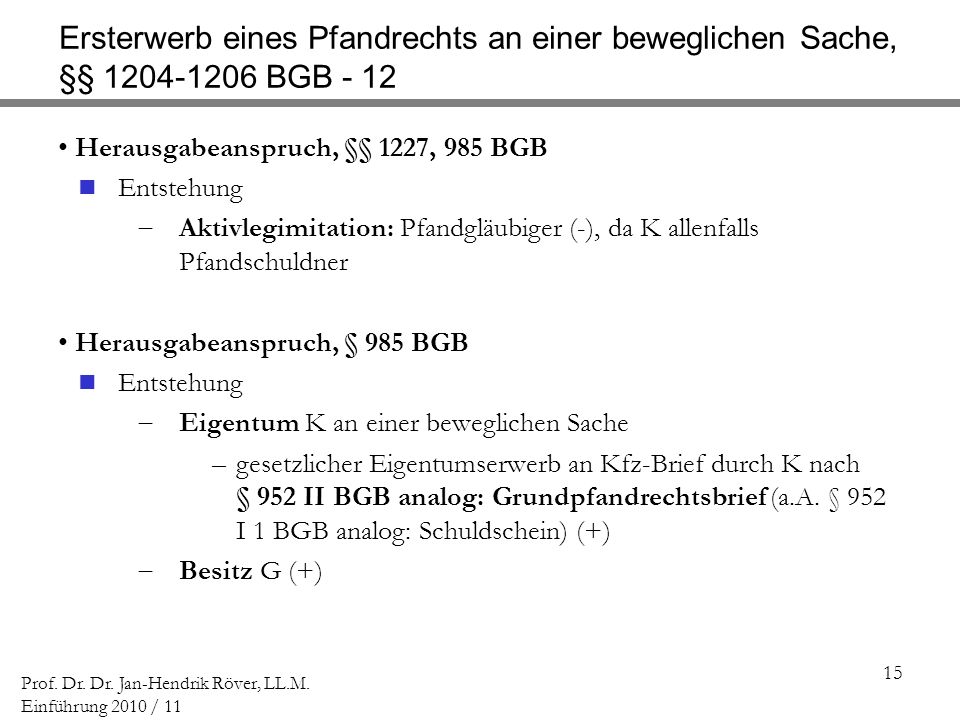 Ersterwerb eines Pfandrechts an einer beweglichen Sache, §§ BGB - 12