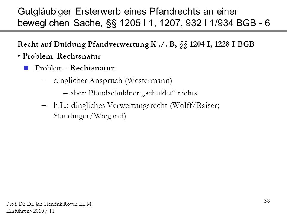 Gutgläubiger Ersterwerb eines Pfandrechts an einer beweglichen Sache, §§ 1205 I 1, 1207, 932 I 1/934 BGB - 6