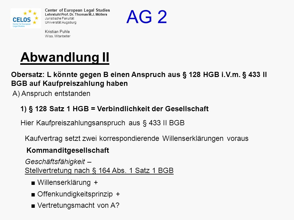 Abwandlung II Obersatz: L könnte gegen B einen Anspruch aus § 128 HGB i.V.m. § 433 II BGB auf Kaufpreiszahlung haben.