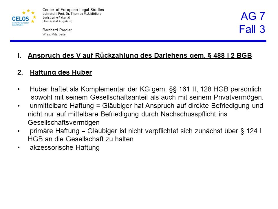 AG 7 Fall 3 Anspruch des V auf Rückzahlung des Darlehens gem. § 488 I 2 BGB. Haftung des Huber.