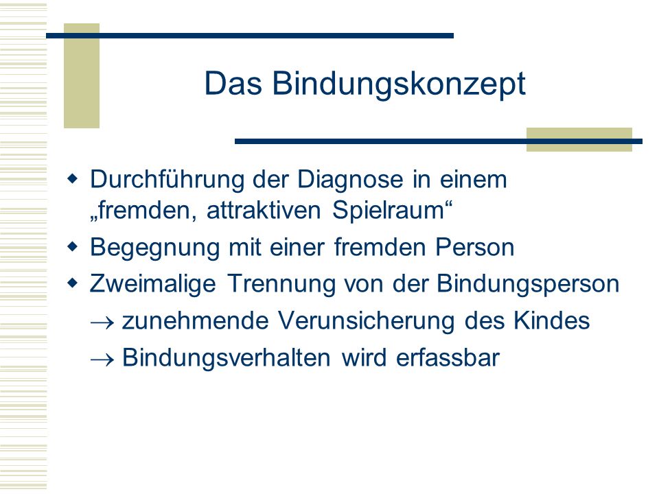 Das Bindungskonzept Durchführung der Diagnose in einem „fremden, attraktiven Spielraum Begegnung mit einer fremden Person.