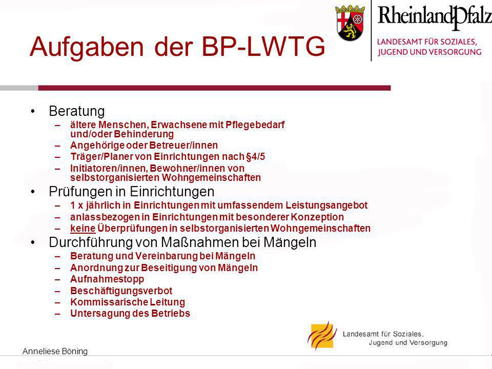 Aufgaben der BP-LWTG Beratung Prüfungen in Einrichtungen