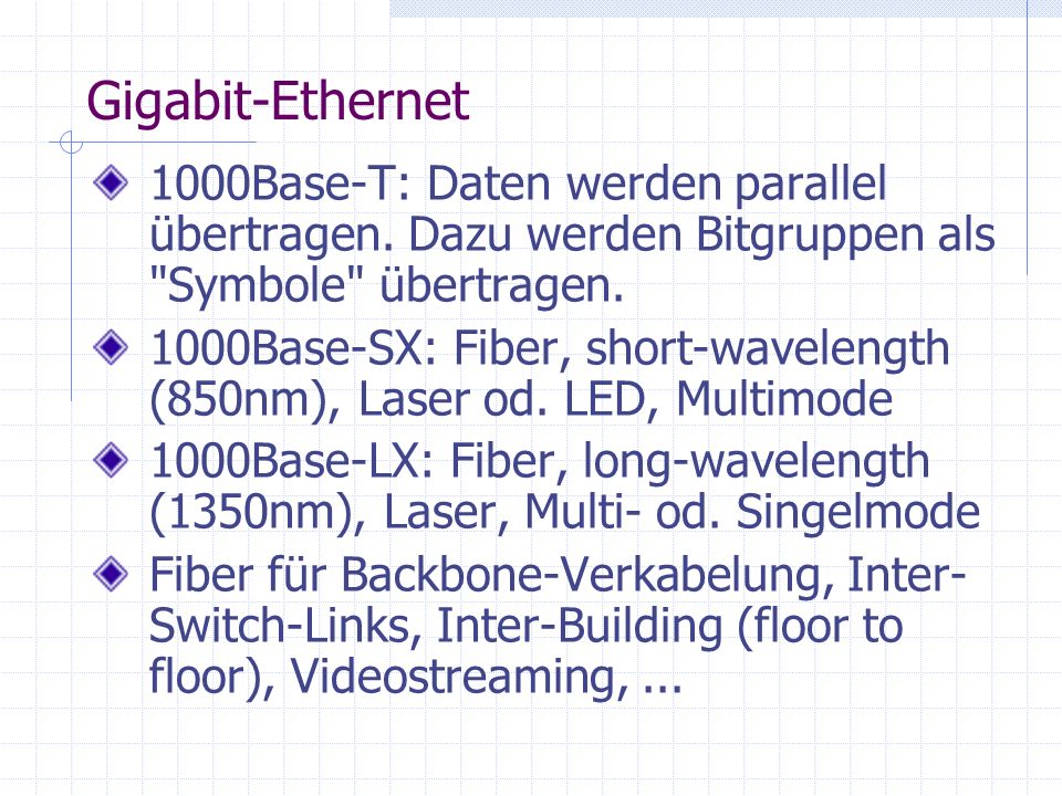 Gigabit-Ethernet 1000Base-T: Daten werden parallel übertragen. Dazu werden Bitgruppen als Symbole übertragen.