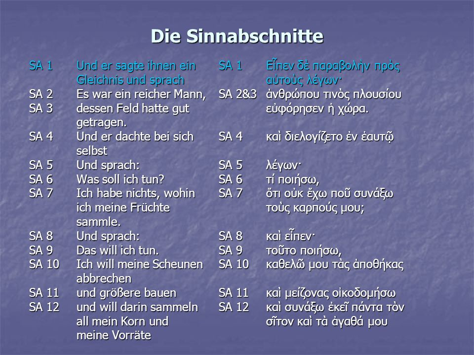 Die Sinnabschnitte SA 1 Und er sagte ihnen ein SA 1 Εἶπεν δὲ παραβολὴν πρὸς. Gleichnis und sprach αὐτοὺς λέγων·