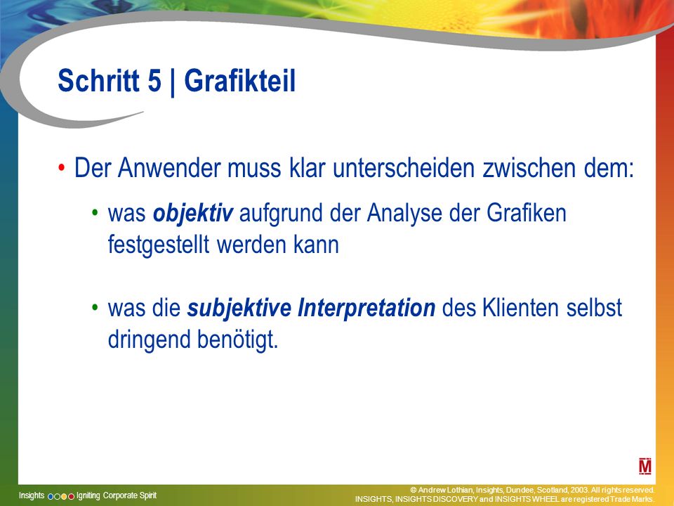 Schritt 5 | Grafikteil Der Anwender muss klar unterscheiden zwischen dem: was objektiv aufgrund der Analyse der Grafiken festgestellt werden kann.
