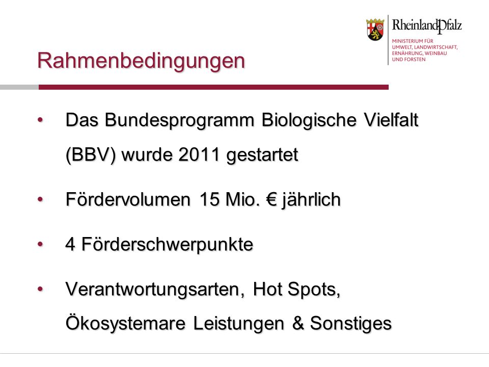 Rahmenbedingungen Das Bundesprogramm Biologische Vielfalt (BBV) wurde 2011 gestartet. Fördervolumen 15 Mio. € jährlich.
