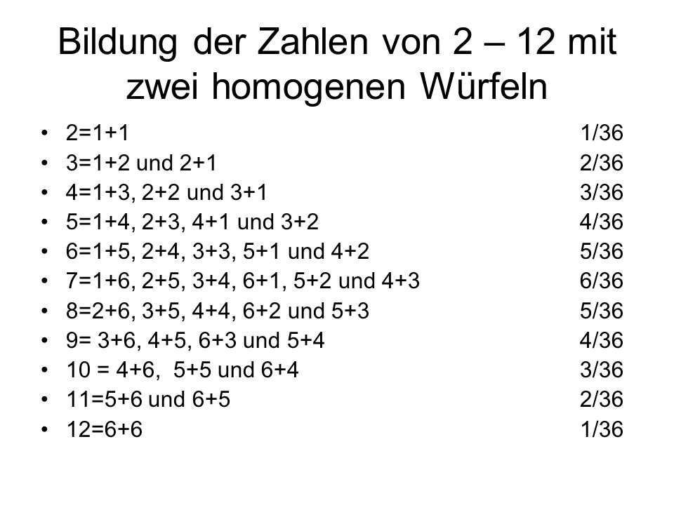 Bildung der Zahlen von 2 – 12 mit zwei homogenen Würfeln