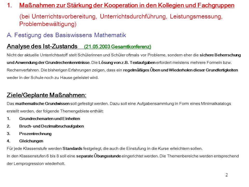 A. Festigung des Basiswissens Mathematik