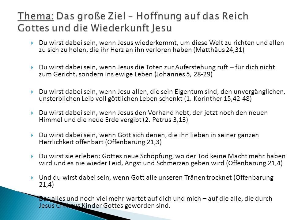 Thema: Das große Ziel – Hoffnung auf das Reich Gottes und die Wiederkunft Jesu