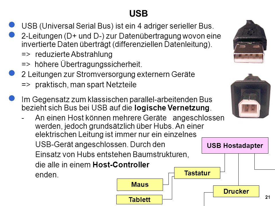 USB USB (Universal Serial Bus) ist ein 4 adriger serieller Bus.