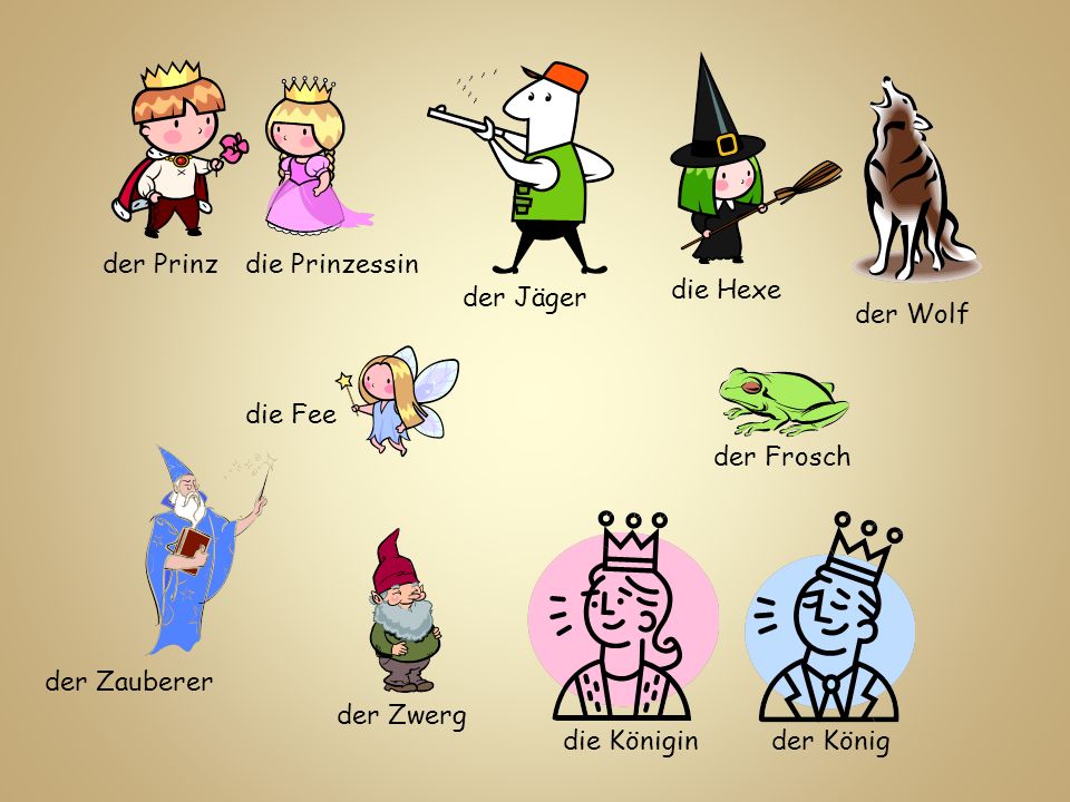 der Prinz die Prinzessin. die Hexe. der Jäger. der Wolf. die Fee. der Frosch. der Zauberer. der Zwerg.
