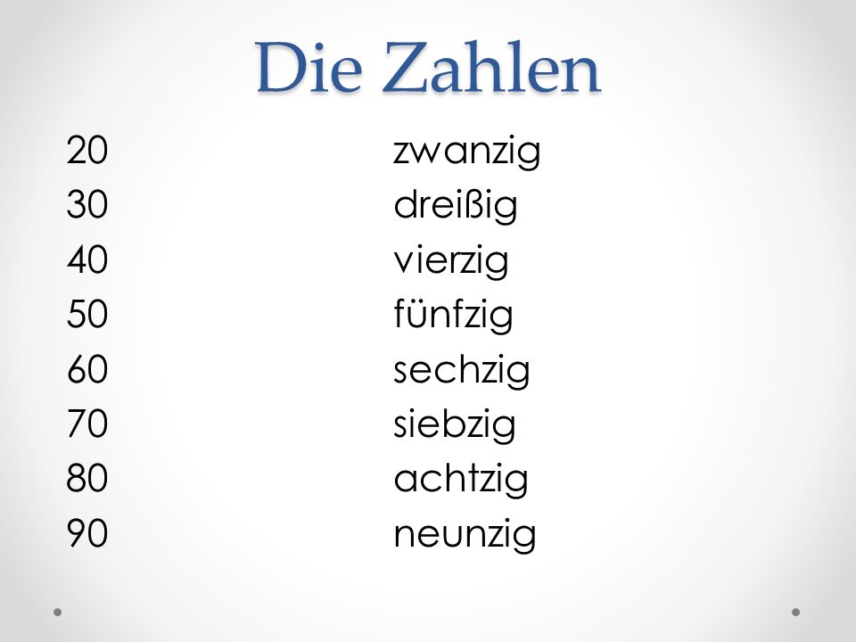 Die Zahlen 20 zwanzig 30 dreißig 40 vierzig 50 fünfzig 60 sechzig
