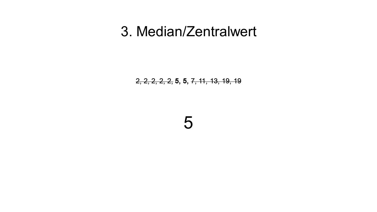 3. Median/Zentralwert 2, 2, 2, 2, 2, 5, 5, 7, 11, 13, 19, 19. 2, 2, 2, 2, 2, 5, 5, 7, 11, 13, 19, 19.