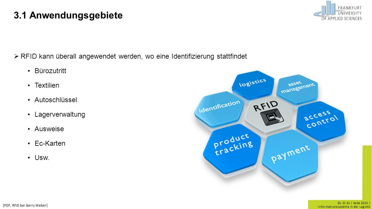 3.1 Anwendungsgebiete RFID kann überall angewendet werden, wo eine Identifizierung stattfindet. Bürozutritt.