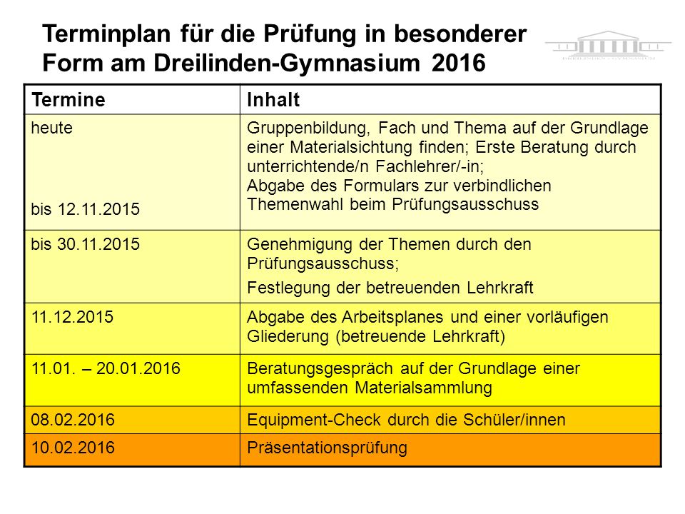 Terminplan für die Prüfung in besonderer Form am Dreilinden-Gymnasium 2016