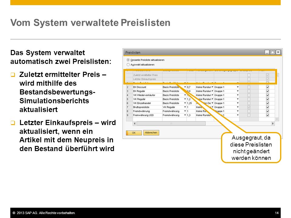 Vom System verwaltete Preislisten