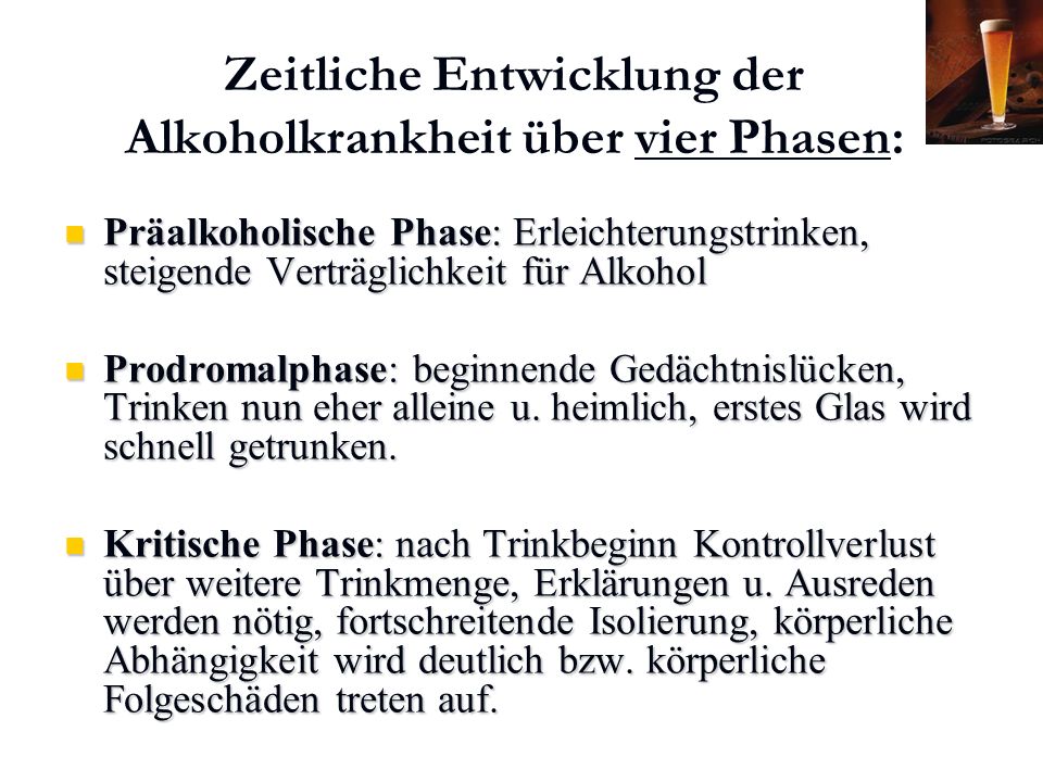 Zeitliche Entwicklung der Alkoholkrankheit über vier Phasen: