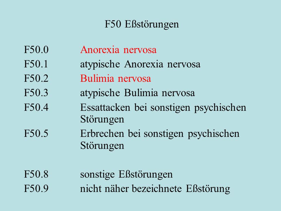 F50 Eßstörungen F50.0 Anorexia nervosa. F50.1 atypische Anorexia nervosa. F50.2 Bulimia nervosa.