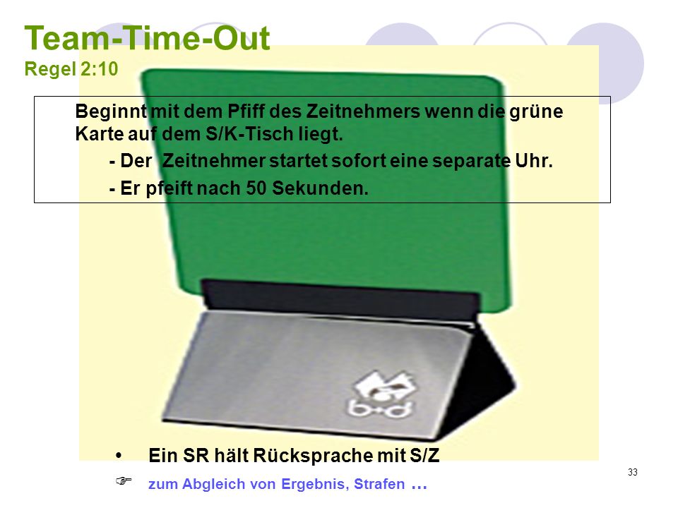 Team-Time-Out Regel 2:10 Beginnt mit dem Pfiff des Zeitnehmers wenn die grüne Karte auf dem S/K-Tisch liegt.