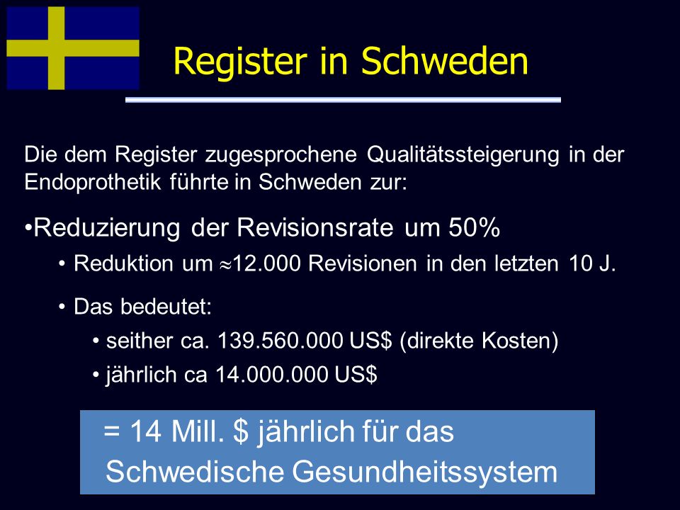 Register in Schweden Die dem Register zugesprochene Qualitätssteigerung in der Endoprothetik führte in Schweden zur: