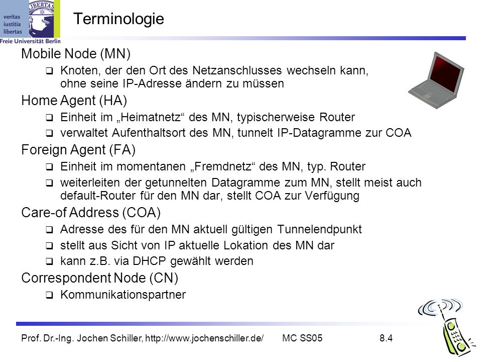 Terminologie Mobile Node (MN) Home Agent (HA) Foreign Agent (FA)