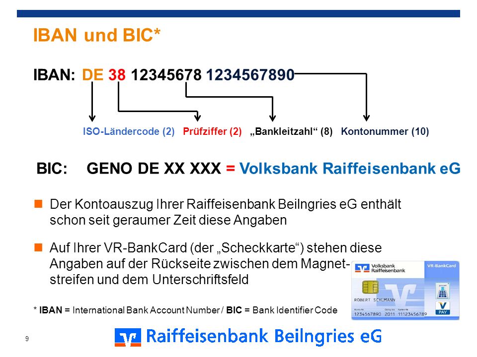 IBAN und BIC* IBAN: DE ISO-Ländercode (2) Prüfziffer (2) „Bankleitzahl (8) Kontonummer (10)